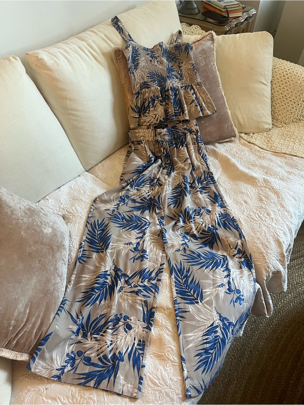 Beige and Blue Tropical Print Smocked Top and Wide Leg Drawstring Pants